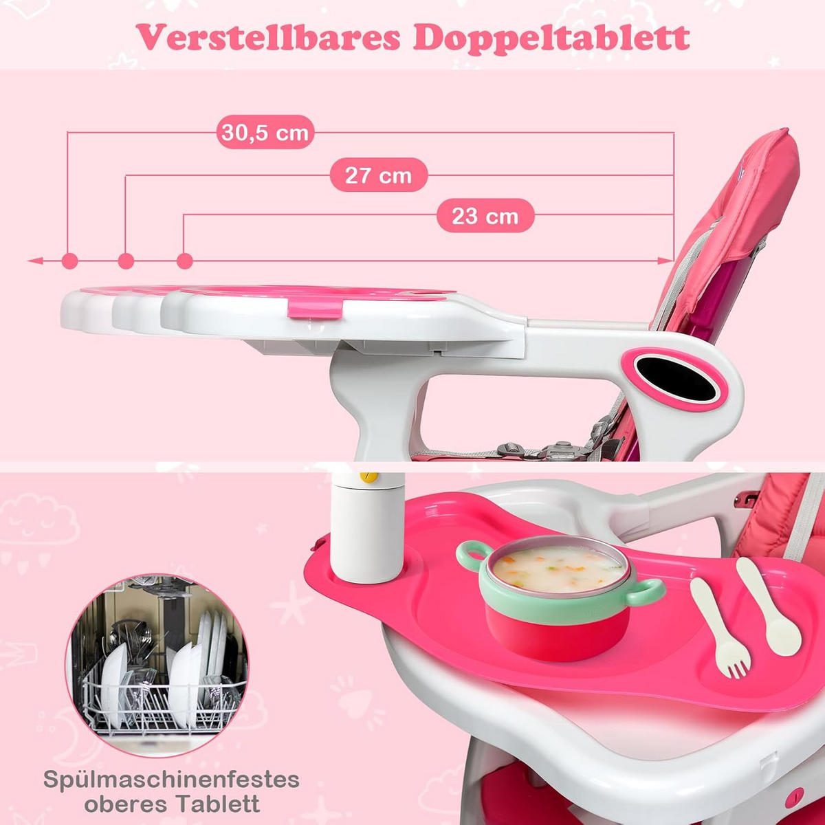 BABYHOCHSTUHL Pink - Pink, Kunststoff (51/104/62cm) - COSTWAY