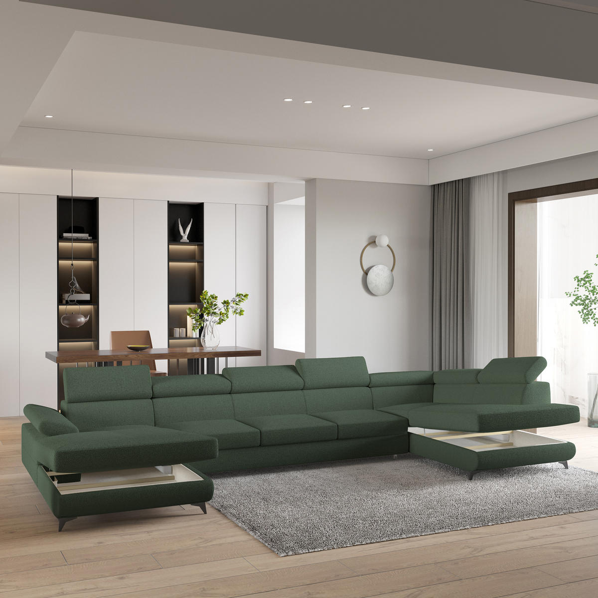 WOHNLANDSCHAFT MONTIVA Grün Boucle-Stoff mit Schlaffunktion - Grün, Holz (410/89/190cm) - MASSENO