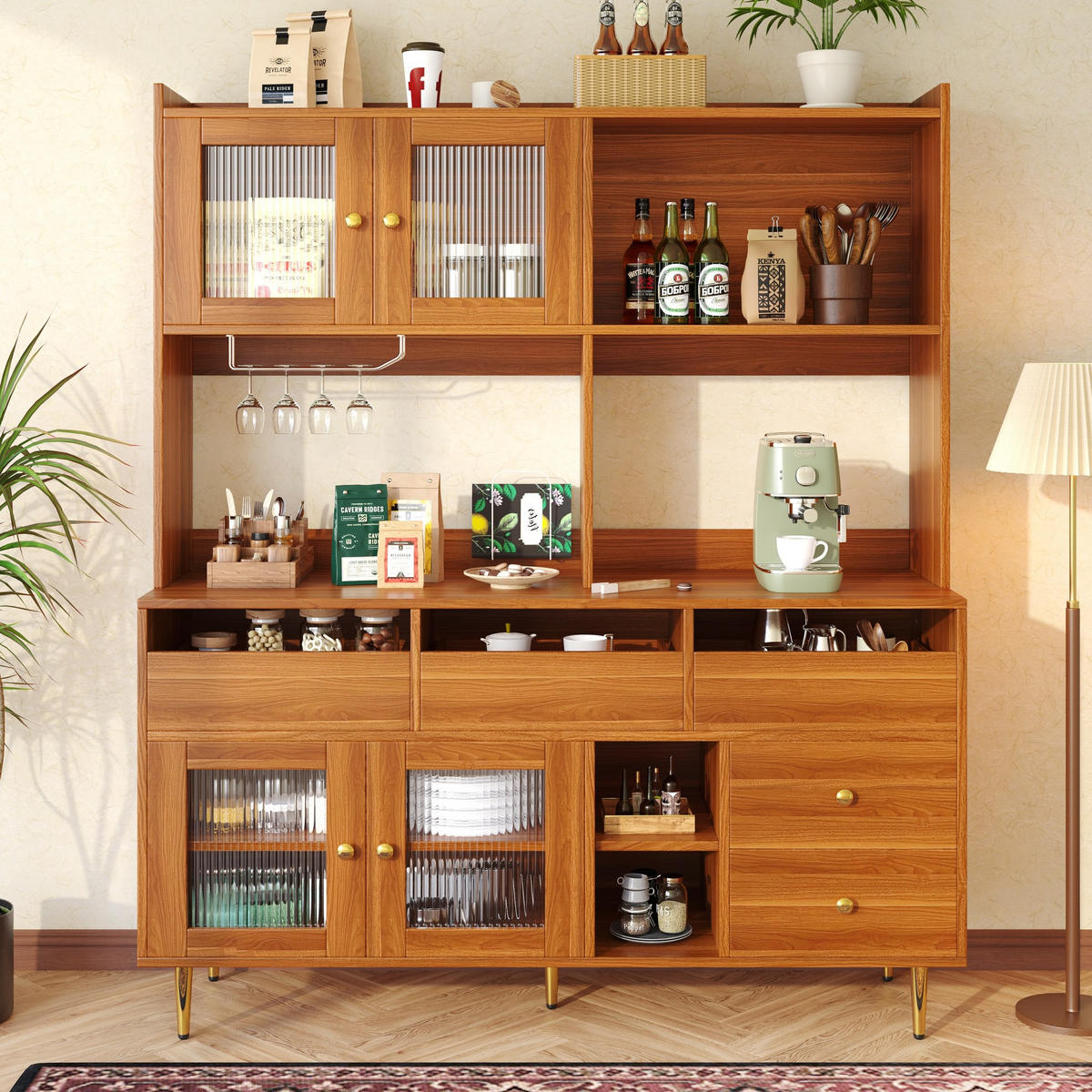 BUFFET 145/39/171 cm aus MDF mit Changhong-Glastüren und Weinregal Walnussbraun - Walnussfarben, Holzwerkstoff (39/171/145cm) - Modenvie
