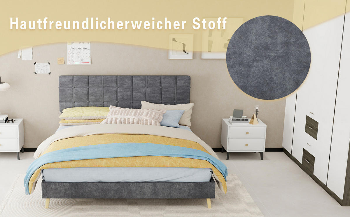 POLSTERBETT 160/200 cm mit karierter Kopfteilpolsterung, Holzfüßen und Matratze, Grau - Grau, Textil (160/200cm) - Redom