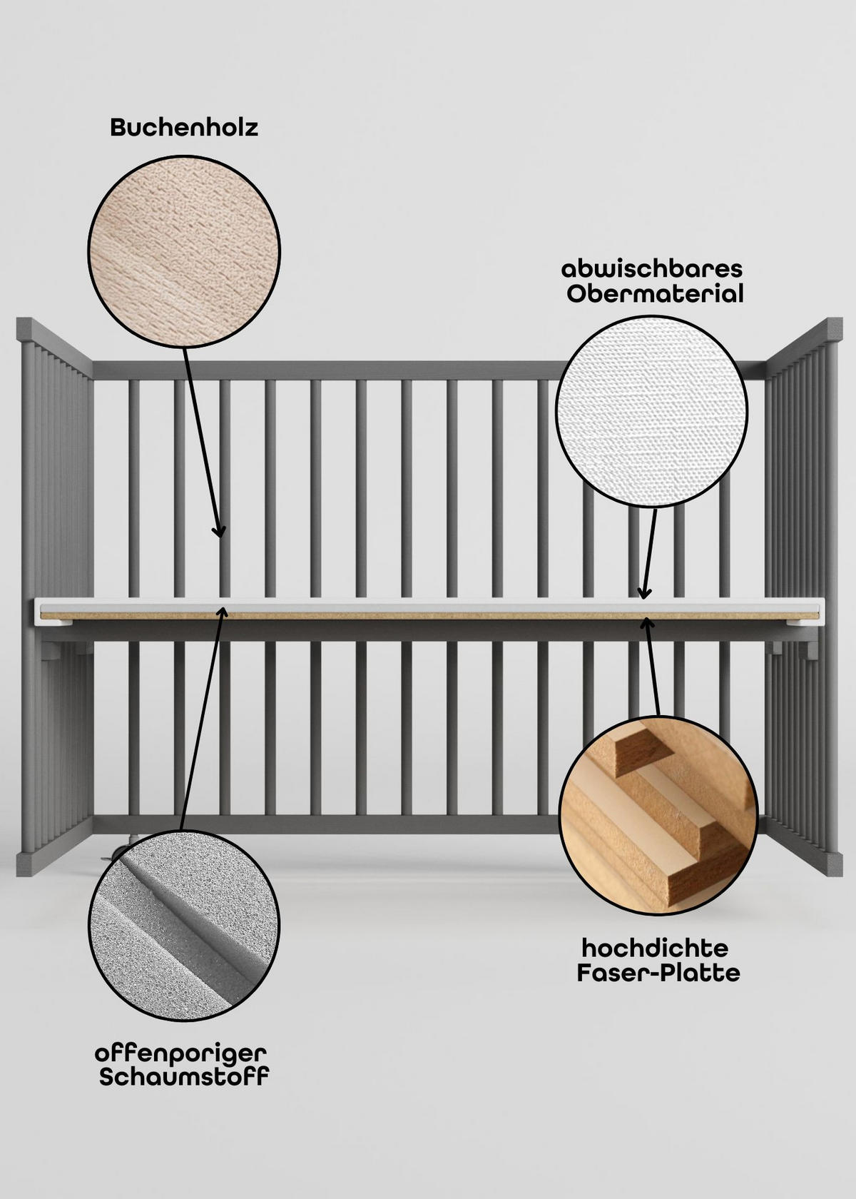LAUFGITTER 75x100 cm mit Matratze SleepPlus - grau - Premium Kollektion - Grau, Holz (100/74/75cm) - Sämann – make a difference.