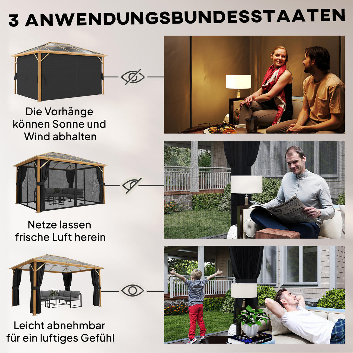 GARTENPAVILLON Aluminium Polyester Naturholz - Naturfarben, Textil/Metall (298/262/398cm) - Outsunny