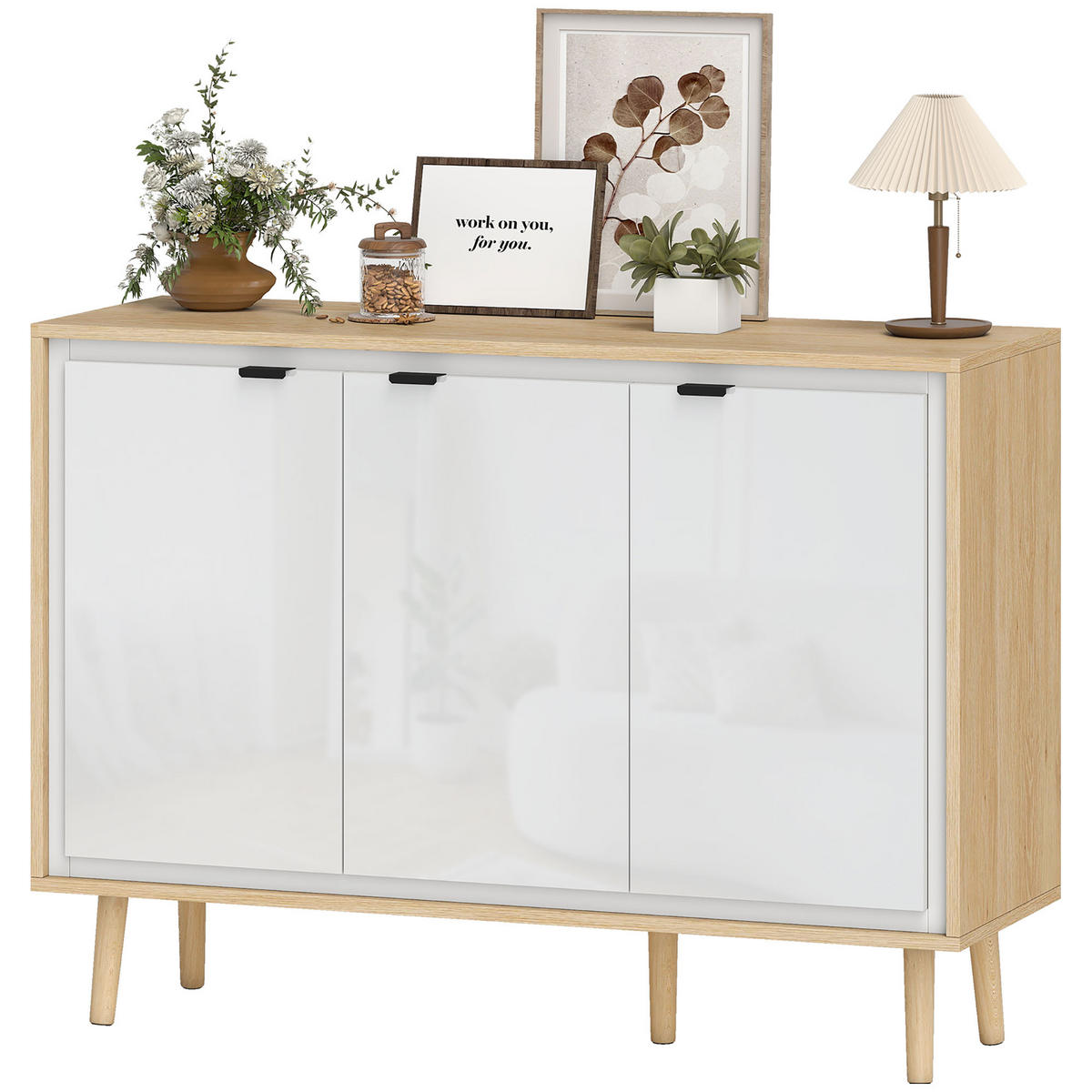SIDEBOARD DE-11236 3 Türen & verstellbare Böden Weiß/Eiche - Weiß, Holzwerkstoff (107/77/35cm) - ComfortXL