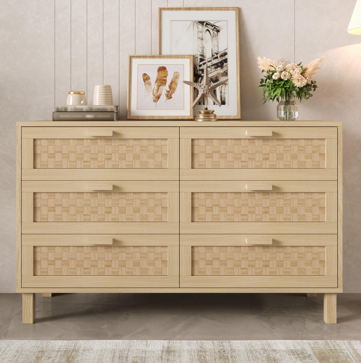 SIDEBOARD mit 6 Schubladen 120/40/75 cm in Naturfarbe mit Rattanoptik - Naturfarben, Holzwerkstoff (120/75/40cm) - BEAOK