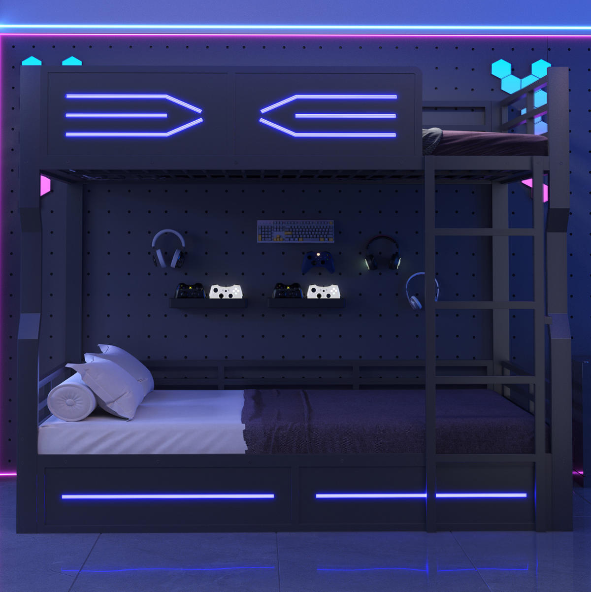 ETAGENBETT Metall & MDF 140x200 cm Schwarz mit LED-Beleuchtung und Treppe - Schwarz, Holzwerkstoff (140/200cm) - Modfu