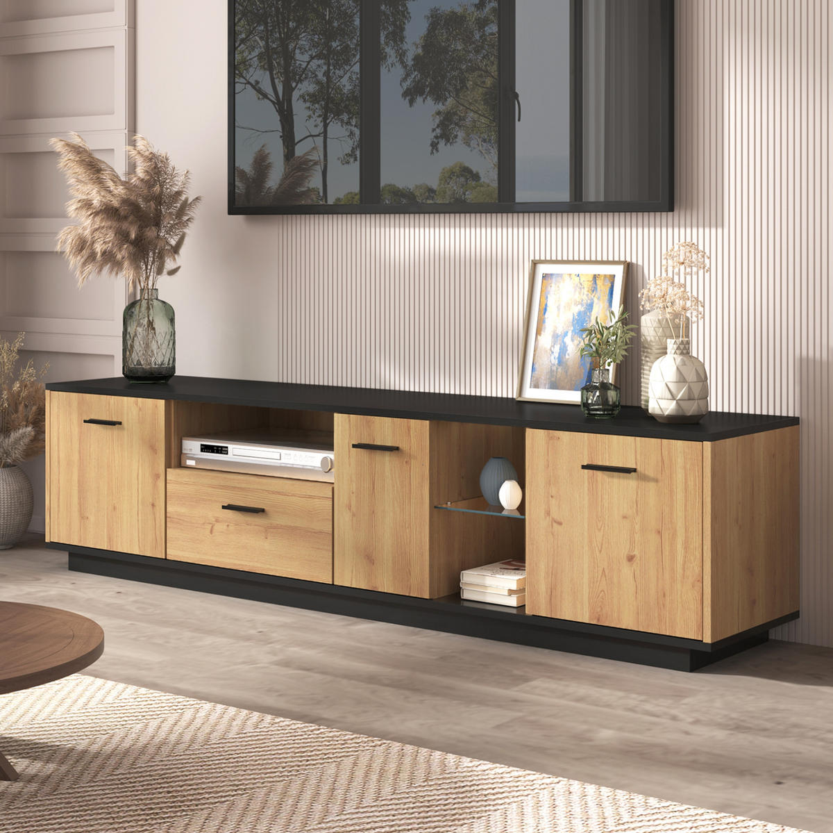 TV stolek z MDF 180x37x45 cm černá a dekor dřeva s LED osvětlením, 3 dvířky a zásuvkou - černá, kompozitní dřevo (180/45/37cm) - Modfu