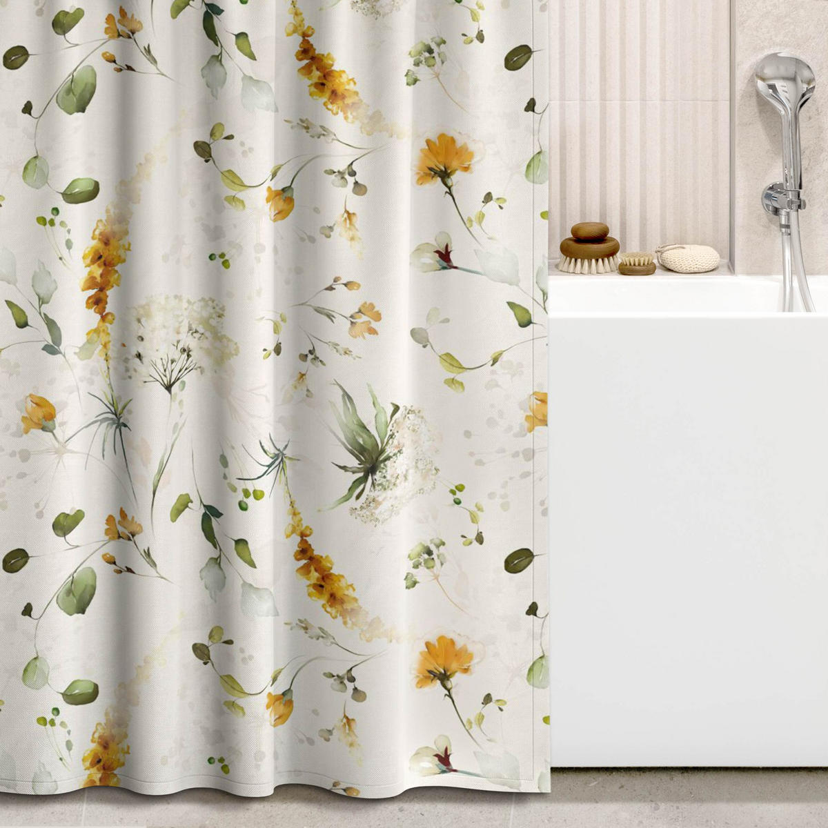 DUSCHVORHANG Wildblumen Aquarell Muster auf Beige 200/180 cm - Beige, Textil (200/180cm) - Bilderwelten
