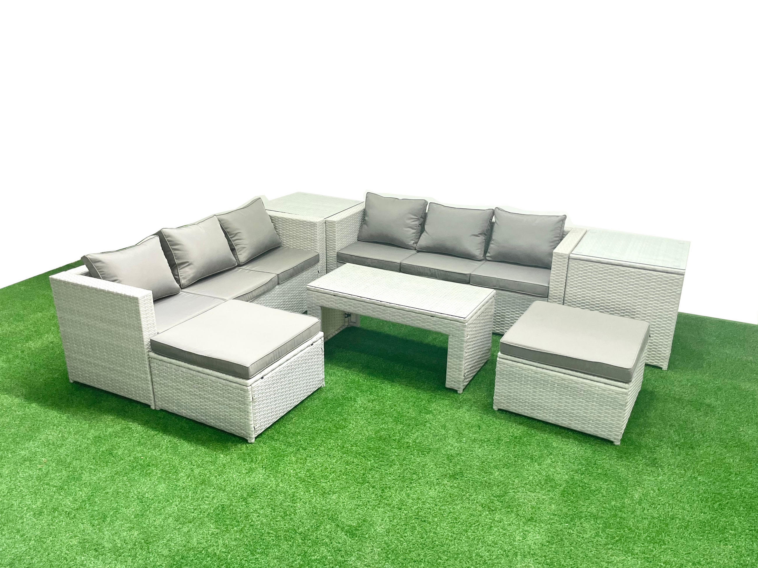 GARTENSOFA hohe Rückenlehne Polyrattan Hellgrau-Mix 8-Sitzer - Hellgrau/Grau, Glas/Kunststoff - Fimous
