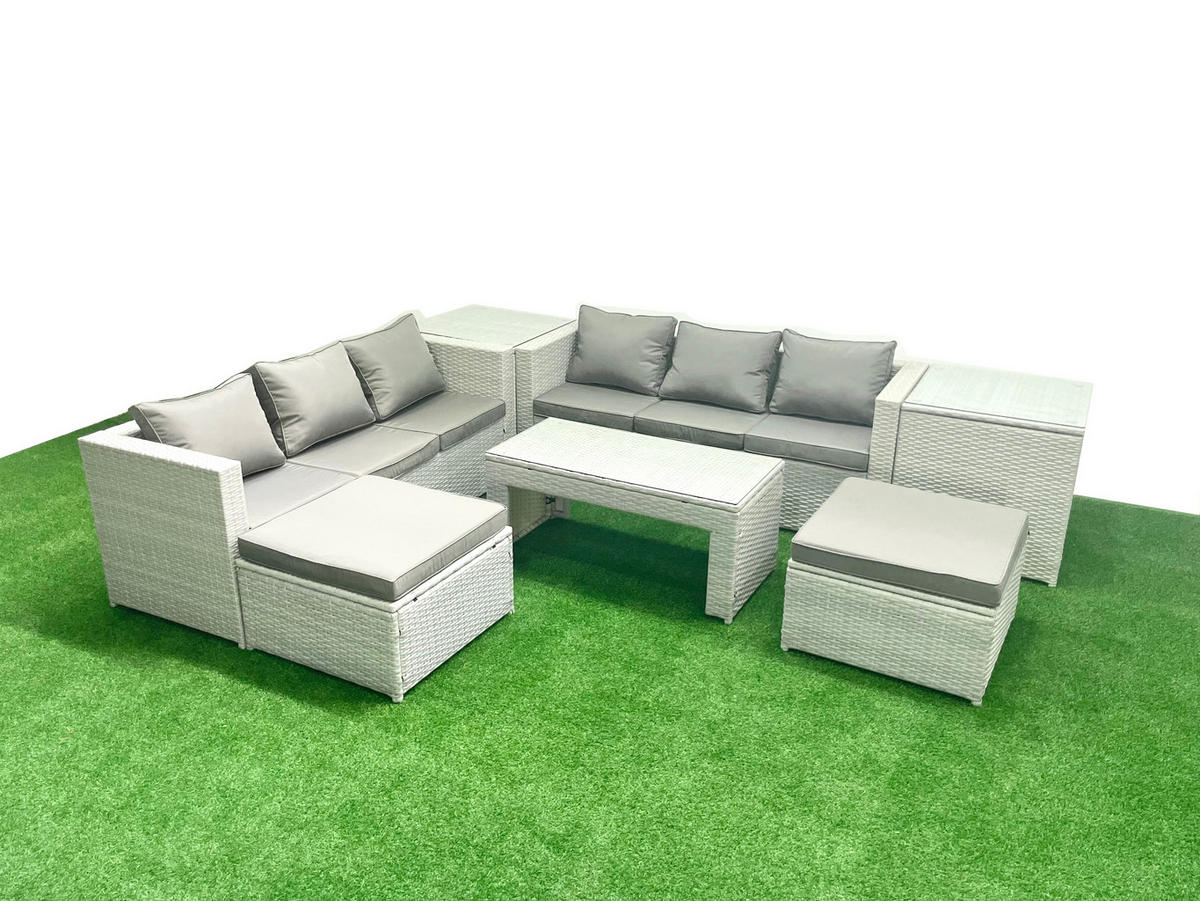 GARTENSOFA hohe Rückenlehne Polyrattan Hellgrau-Mix 8-Sitzer - Hellgrau/Grau, Glas/Kunststoff - Fimous