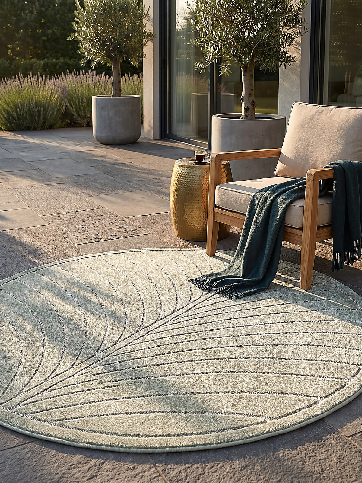 TEPPICH Outdoor, Fußbodenheizung-geeignet, mit Blattmotiv, aus Polypropylen, ENGADIN in Salbeigrün, Ø 160 cm - Grün, Textil (160/160cm) - KADIMA DESIGN
