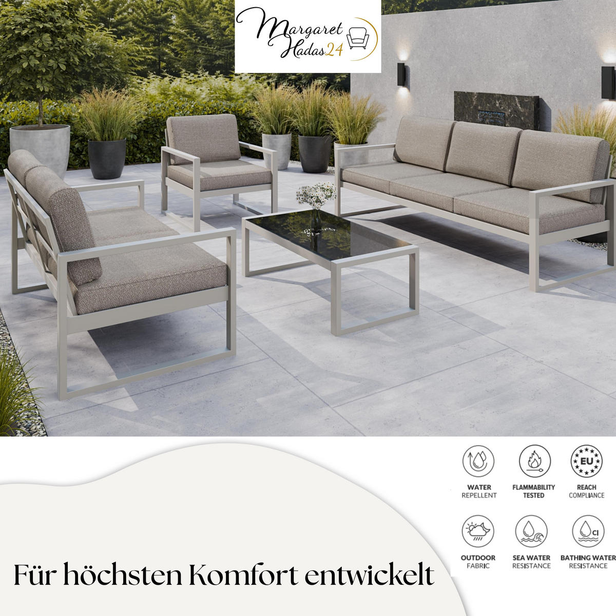 GARTENSOFA 3 Sitzer Madera 216x80cm, kaschmir, graubeige - Kaschmir/Beige, Kunststoff/Metall (216/86/80cm) - Margaret Hadas24