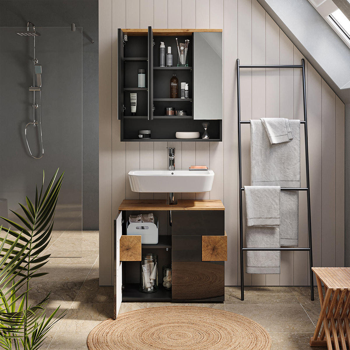 BADMÖBEL-SET Eden Anthrazit 2 Teile - Anthrazit/Eiche Artisan, Holzwerkstoff (73/64/37cm) - Vicco