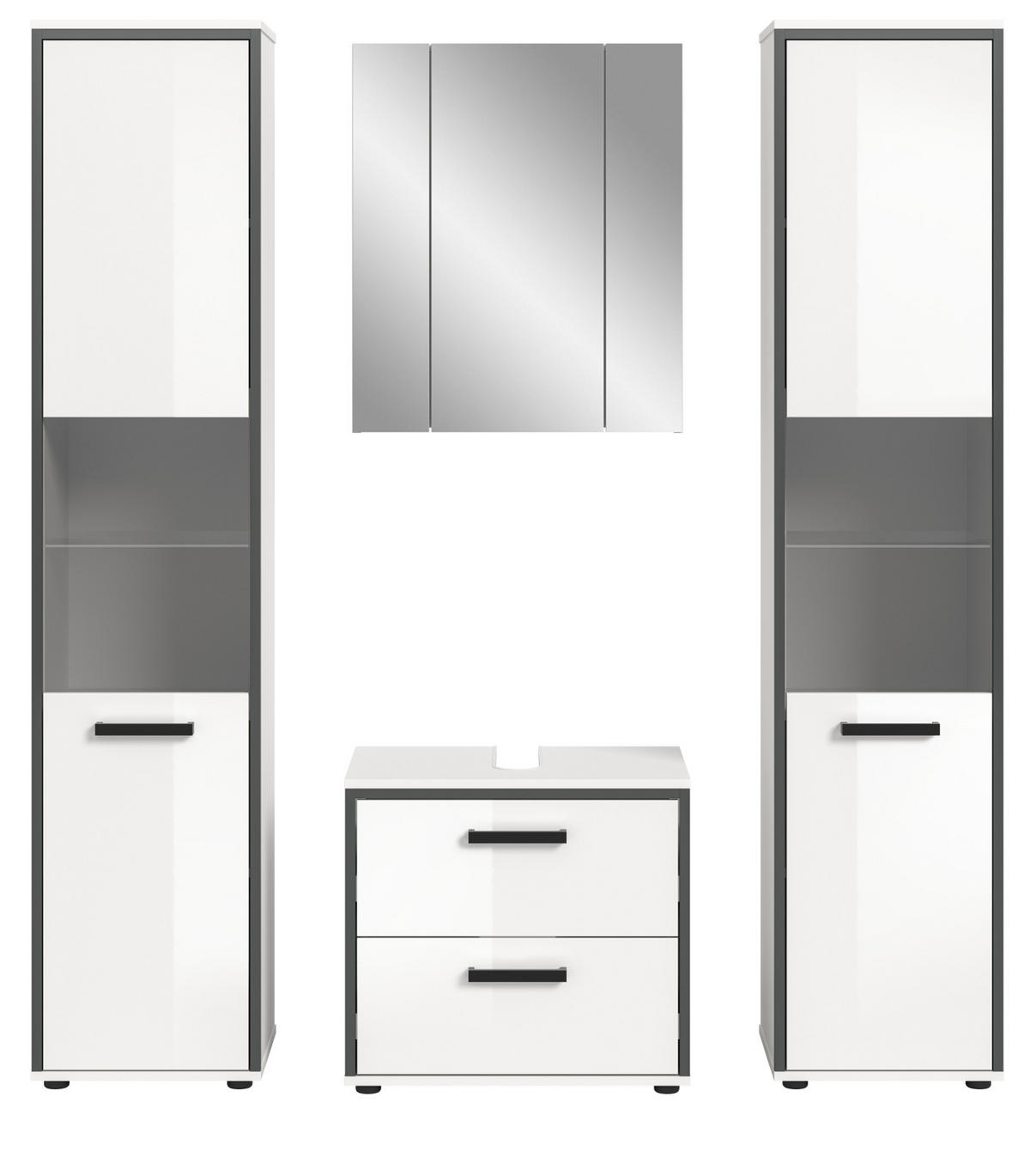 BADMÖBEL-SET 4-teilig Set weiß Hochglanz, grau, Badezimmermöbel mit viel Stauraum - Weiß Hochglanz/Schwarz, Glas/Holzwerkstoff (170/188/37.5cm) - Inn.Furn