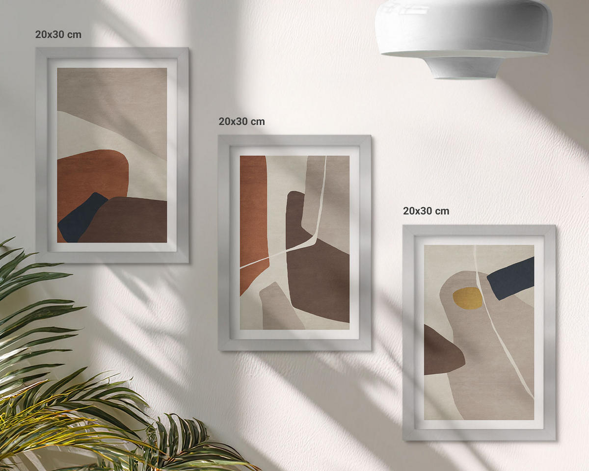 BILDER SET 3er Set - 20x30 cm Silberner Rahmen - Abstrakte Boho-Malerei - Silberfarben, Kunststoff (20/30cm) - TULUP