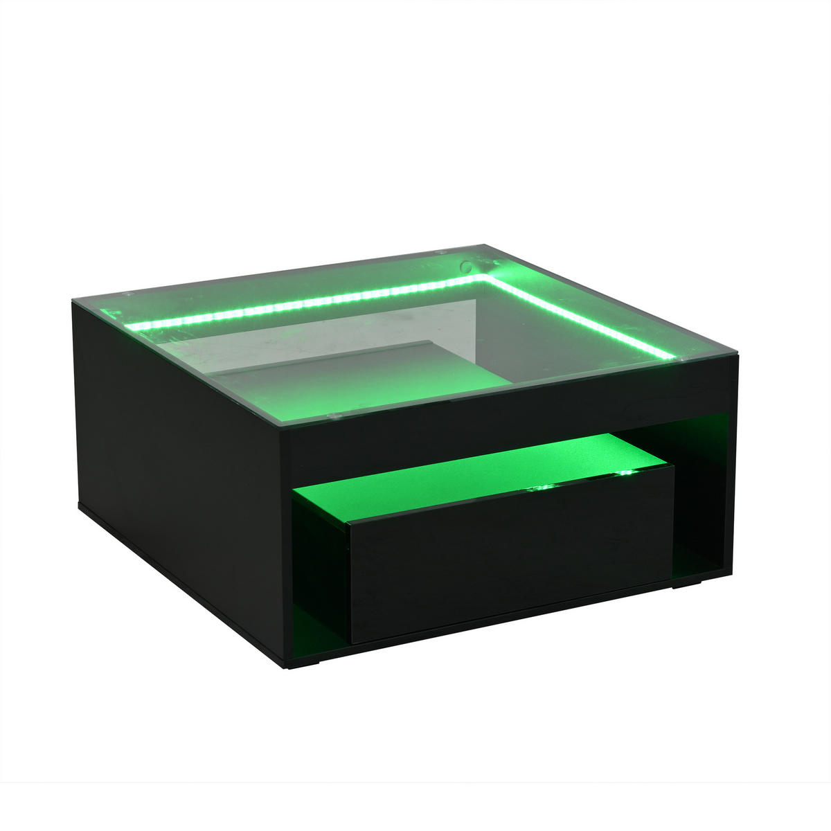 COUCHTISCH 70/70/35 cm Glasplatte LED Schubladen MDF Hochglanz Schwarz modern kompakt - Schwarz, Glas/Holzwerkstoff (70/70/35cm) - EVRYAE