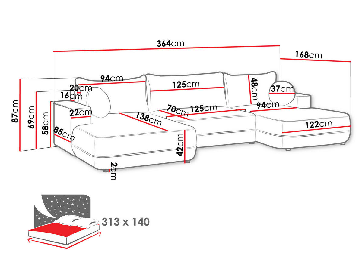 WOHNLANDSCHAFT Fuego U - Schwarz/Grau, Holz/Kunststoff (364/87/168cm) - MIRJAN24