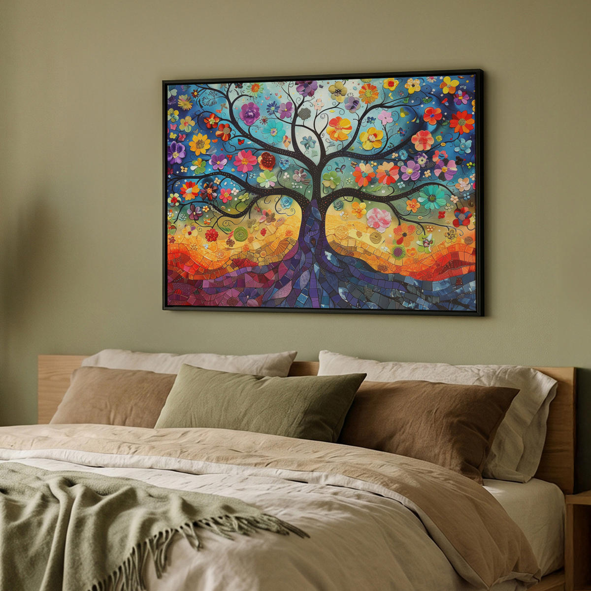 LEINWAND Bilder mit Rahmen - Kunst - Baum des Lebens - Blumen - Hippie - 100x70 - Dunkelblau, Textil (100/70cm) - MuchoWow