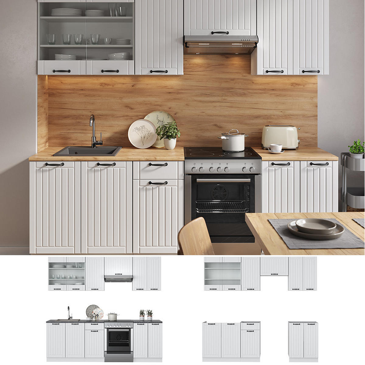 KÜCHENZEILE Fame-Line Weiß Landhaus/Weiß 240 cm, AP Anthrazit - Creme/Weiß, Holzwerkstoff (240/81.6/60cm) - Vicco