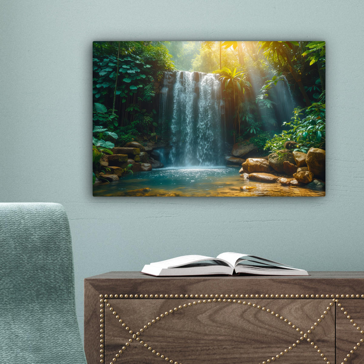 LEINWANDBILD Wasserfall - Dschungel - Sonne - Grün - Natur 30x20 cm - Grün, Textil (30/20cm) - MuchoWow