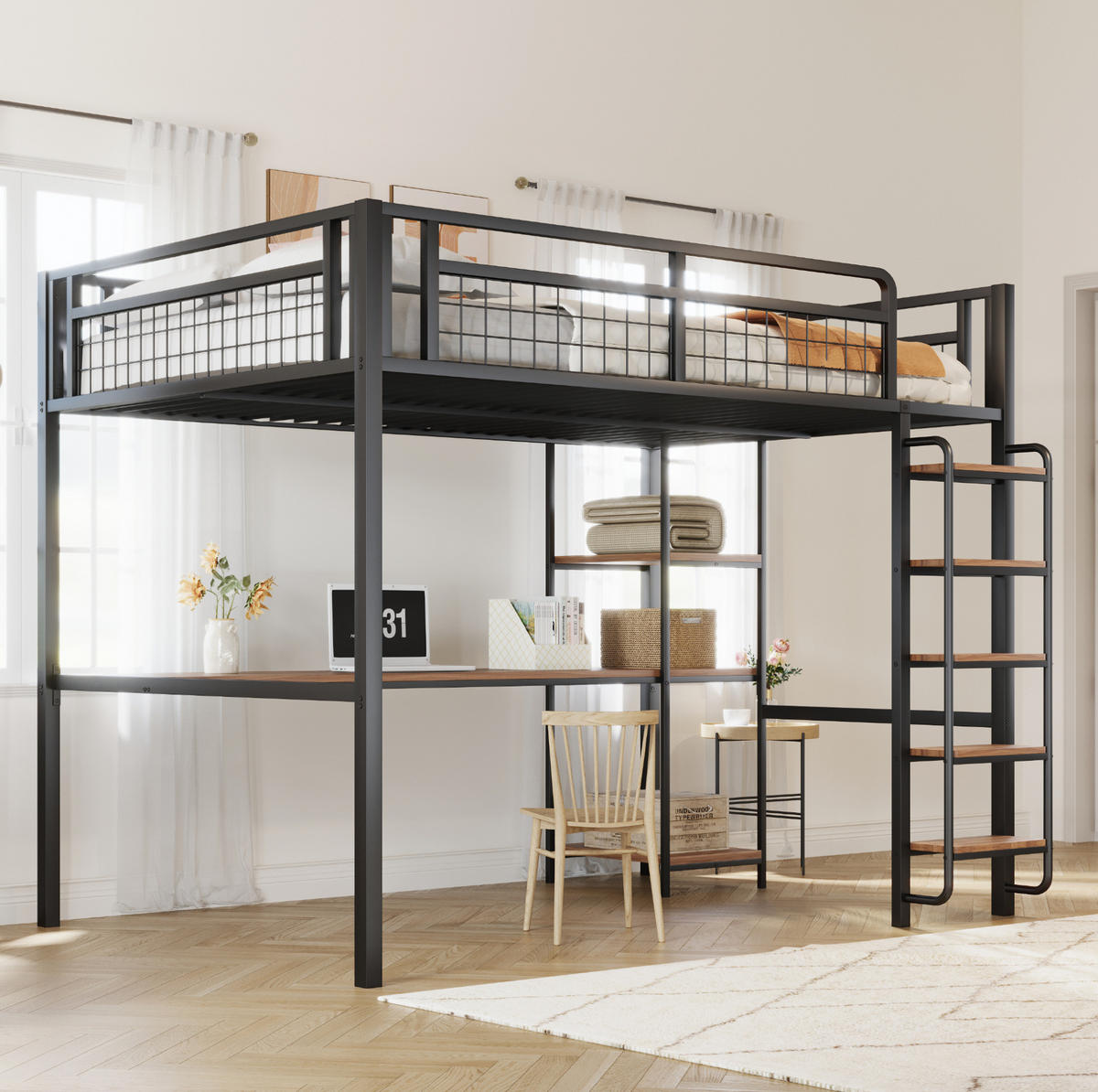 HOCHBETT 140/200 cm aus Metall mit Schreibtisch und Regal, Schwarz - Schwarz, Metall (140/200cm) - Flora Grace