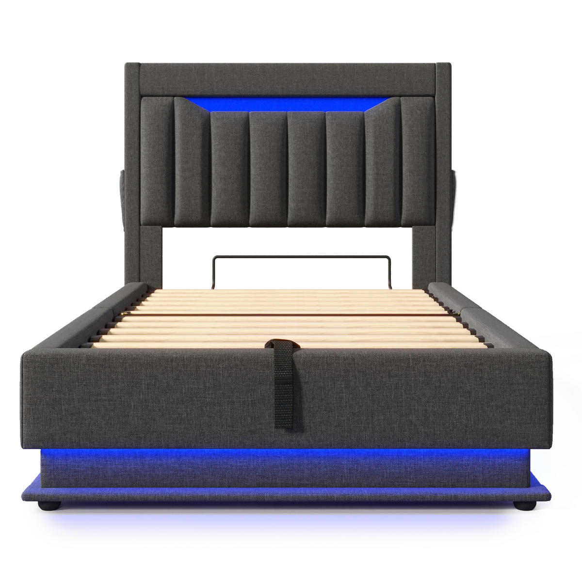 POLSTERBETT 90/200 cm mit LED, USB-C, Stauraum-Kopfteil und hydraulischem Bettkasten, inkl. Matratze, Grau - Grau, Textil (90/200cm) - Redom