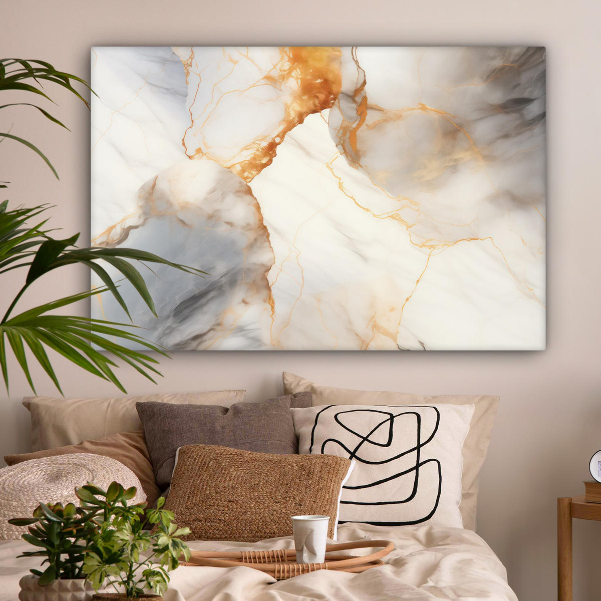 LEINWANDBILD Marmor - Grau - Gold Wohnzimmer Groß 120x80 cm - Weiß, Textil (120/80cm) - MuchoWow