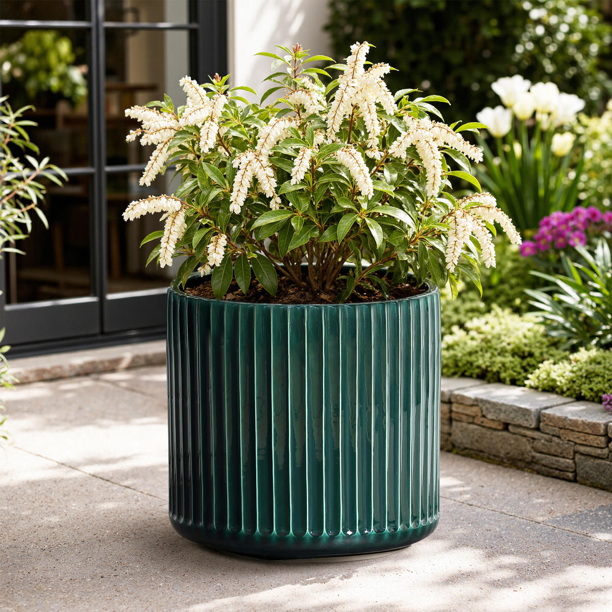 BLUMENTOPF Keramik Dunkelgrün Grün und Weiß Ø35.5xH33 cm - Grün, Keramik (33.5cm)