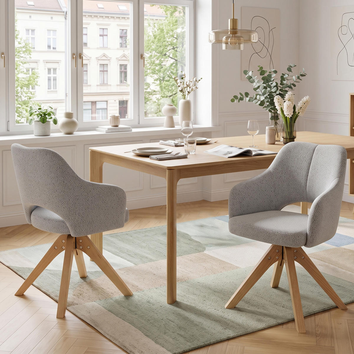 ESSZIMMERSTÜHLE 2er-Set Drehbar Stoff Massivholz - Hellgrau, Textil (45/85/48cm) - Urban Meuble