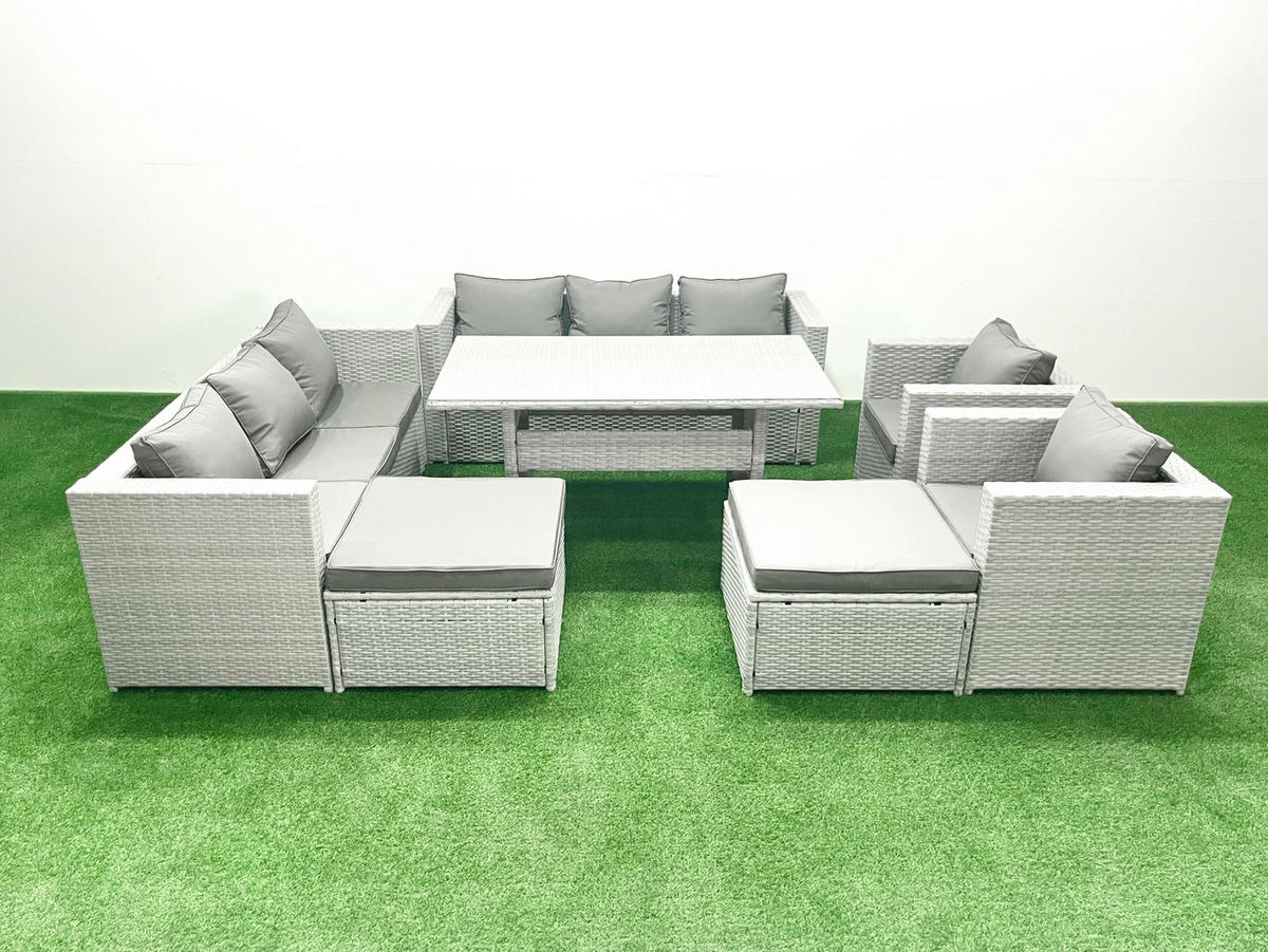 GARTENMÖBEL SET mit 3-Sitzer-Sofa und 2 Stühle, Esstisch,2 Großer Hockern Polyrattan Hellgrau 10-Sitzer - Hellgrau/Grau, Glas/Kunststoff - Fimous