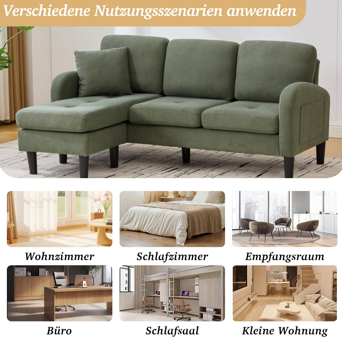 SOFA modular mit Chaiselongue 166 x 118 x 77 cm Cord Green 3-Sitzer - Grün, Kunststoff (166/118cm) - IVMEU