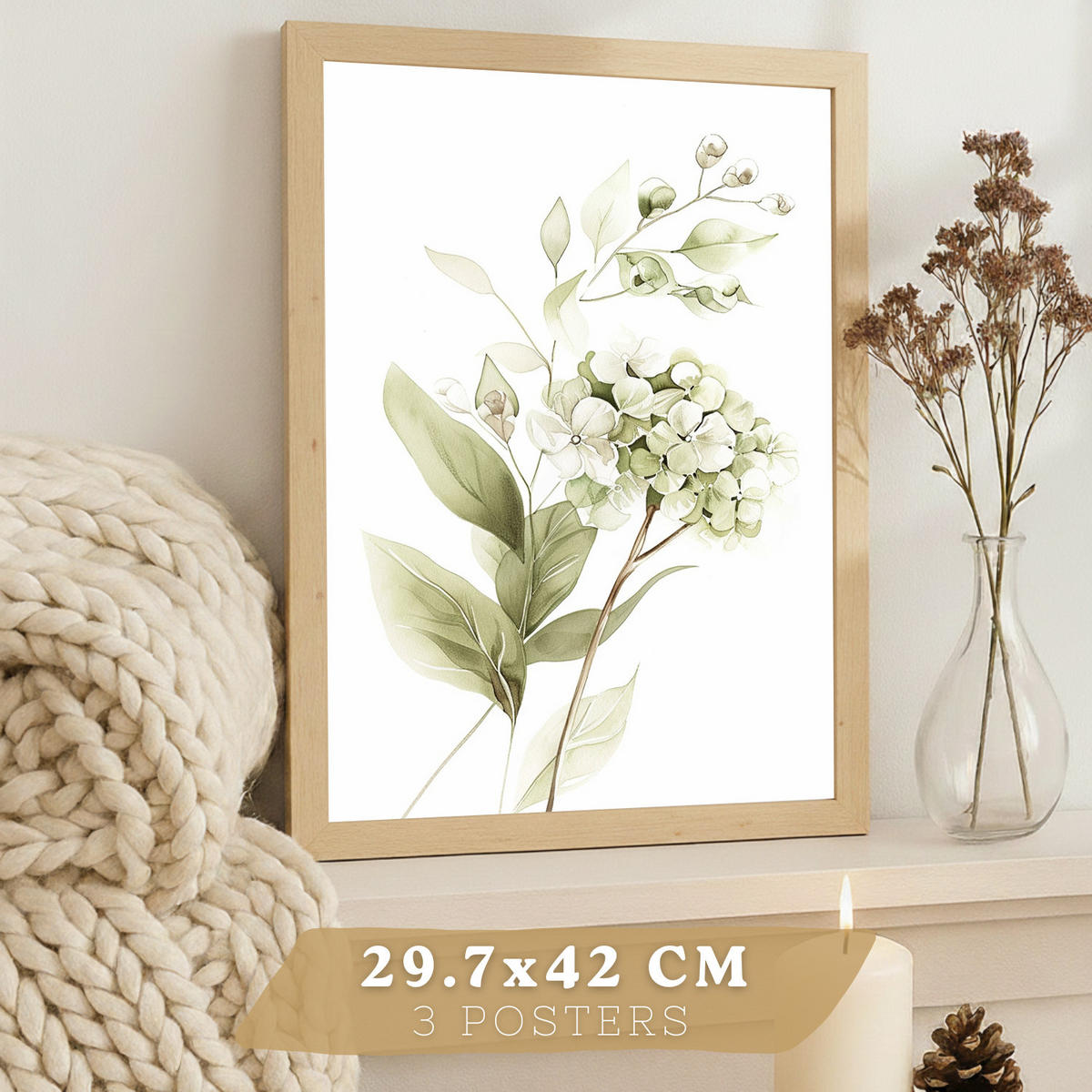 PLAKAT Sada 3 botanických tisků Zelenobílé květy. Akvarelové plakáty rostlin v jemných zelených tónech Obrázky. Rám z lehkého dřeva velikosti A3 - béžová, papír (29.7/42/3cm) - Nacnic
