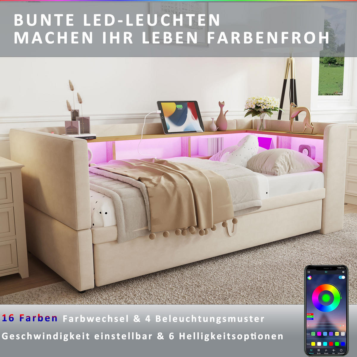TAPECIRANI krevet na razvlačenje 90/180x190 cm bež od flanela s LED rasvjetom i utičnicama - bež, tekstil (90/190cm) - OKWISH