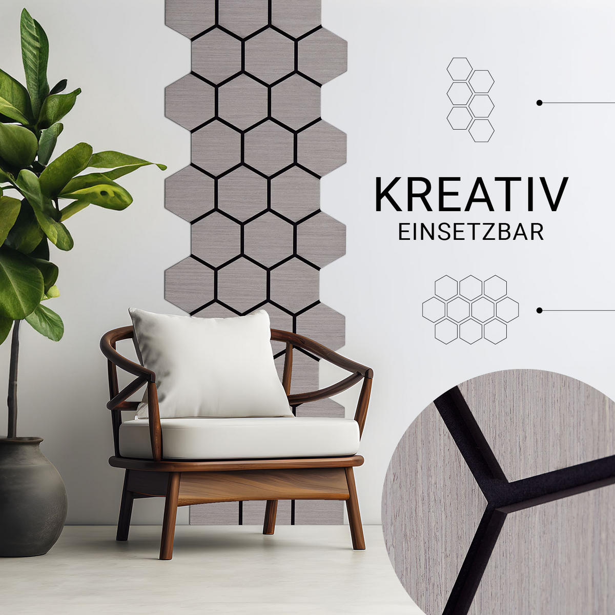 AKUSTIKPANEEL Hexagon Grau 8 Stück - Grau, Holz (62/76/2cm) - Homestyle4u