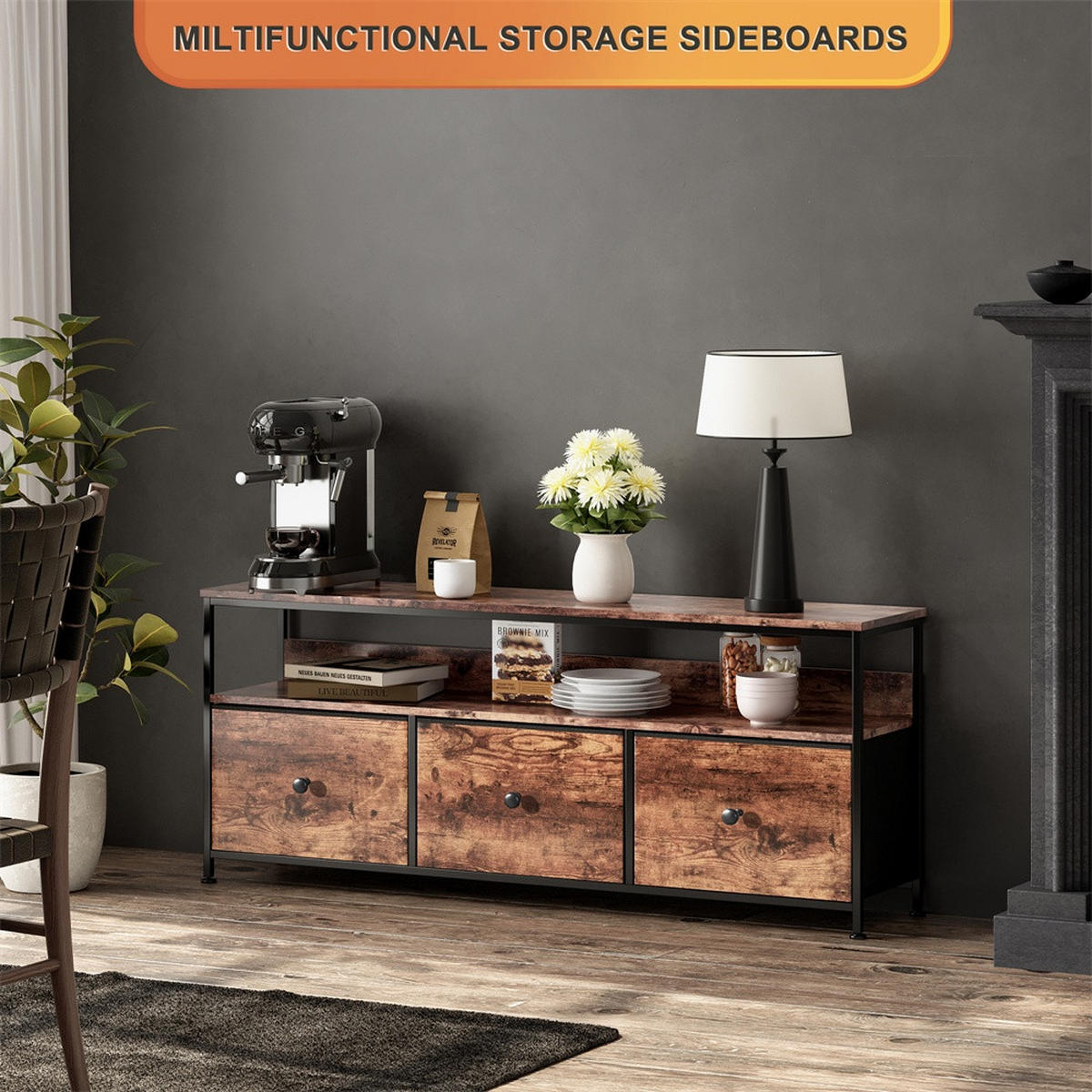 TV-LOWBOARD 108cm - mit LED-Beleuchtung und Stoffschubladen - Industrial-Stil Tigerholz-Optik und Schwarz - Braun, Holzwerkstoff (29.8/57/108cm) - DELFA