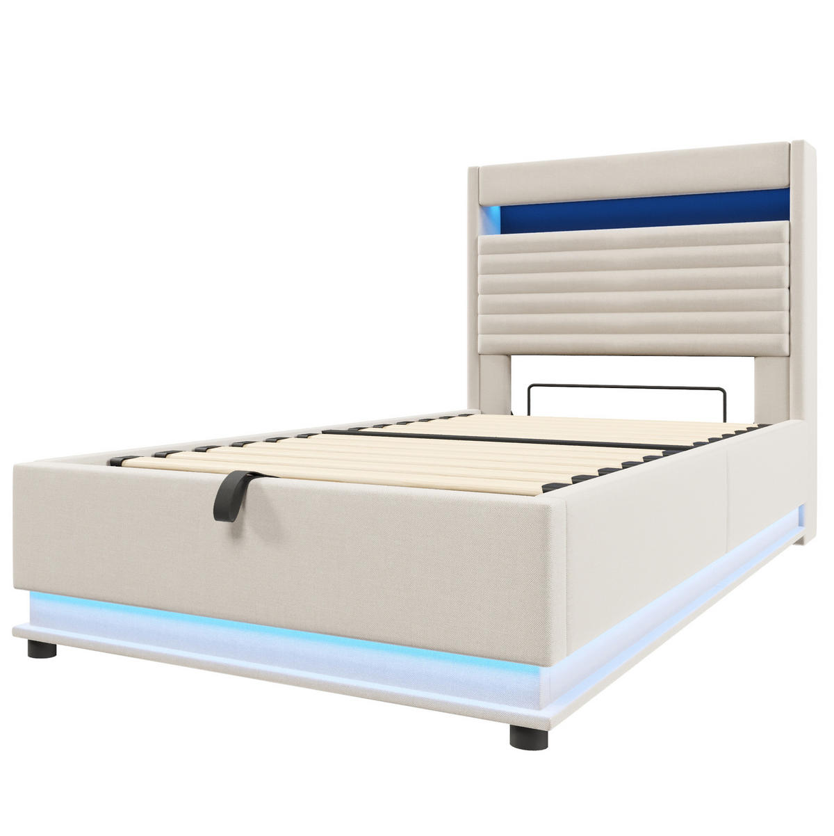POLSTERBETT 90/200 cm mit LED-Beleuchtung, USB- und Typ-C-Anschluss, hydraulischem Stauraum aus Leinen, Beige - Beige, Textil (90/200cm) - Redom