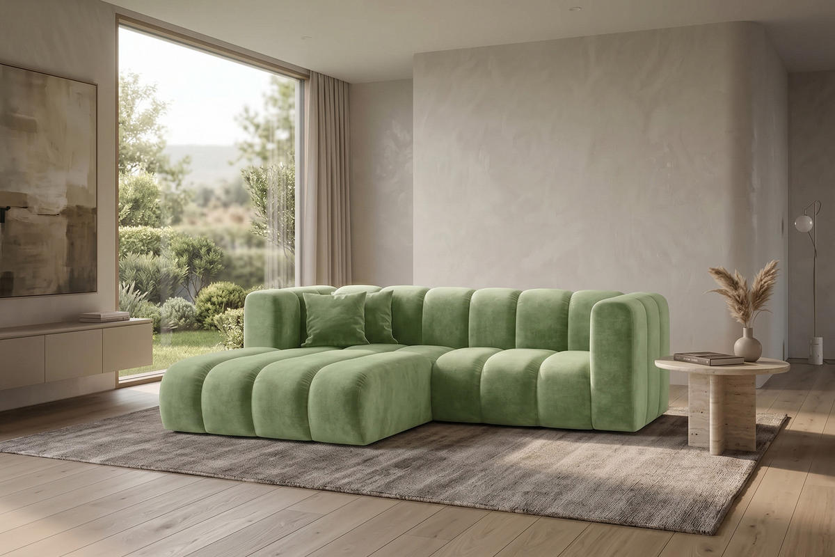 ECKSOFA Modulares In L-Form, Velvet-Stoff Riviera, Olive, Links, GRAND - Olivgrün, Holz (227/179cm) - Kaiser Möbel