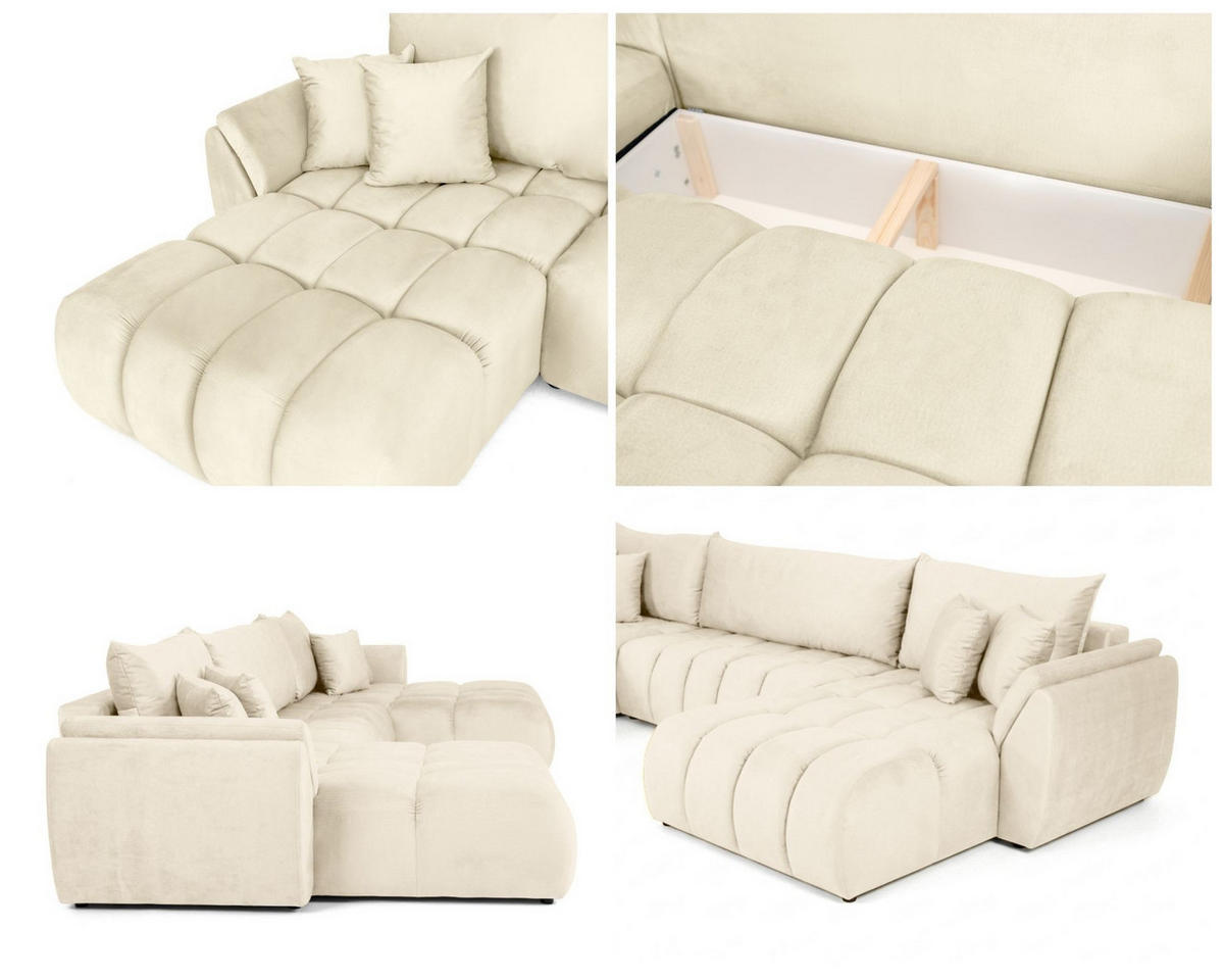 ECKSOFA Iris U mit Schlaffunktion und Bettkasten, U-Form – Beige Samt 382/184/85 cm - Ecru/Beige, Kunststoff/Textil (382/184cm) - WFL GROUP
