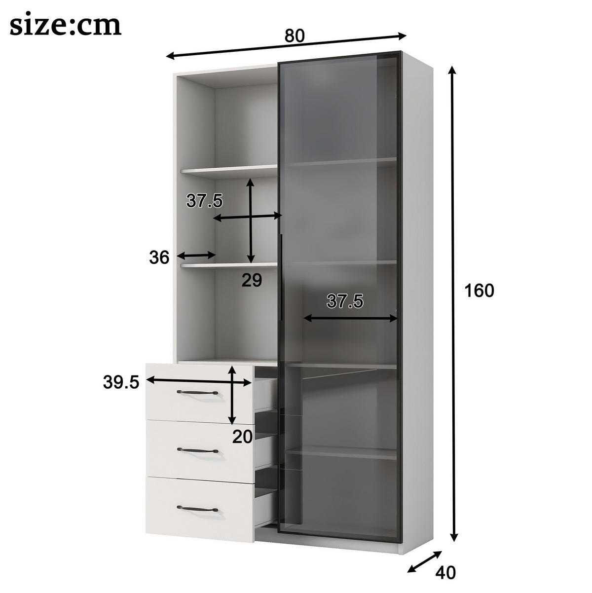 VITRINE 80/40/160 cm aus Spanplatte mit LED-Beleuchtung und Sicherheitsglastür Weiß - Weiß, Holzwerkstoff (80/160/40cm) - Modenvie