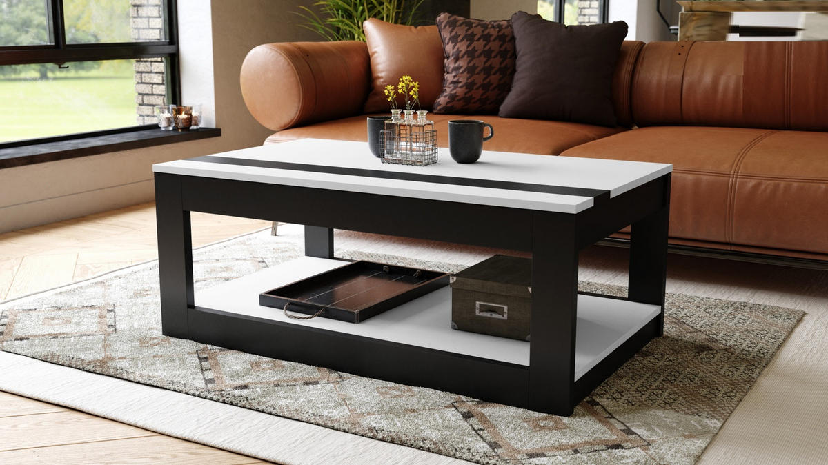 COUCHTISCH rechteckig Weiß Schwarz matt aufklappbar - Schwarz/Weiß, Holzwerkstoff (66/112/45cm) - designimpex