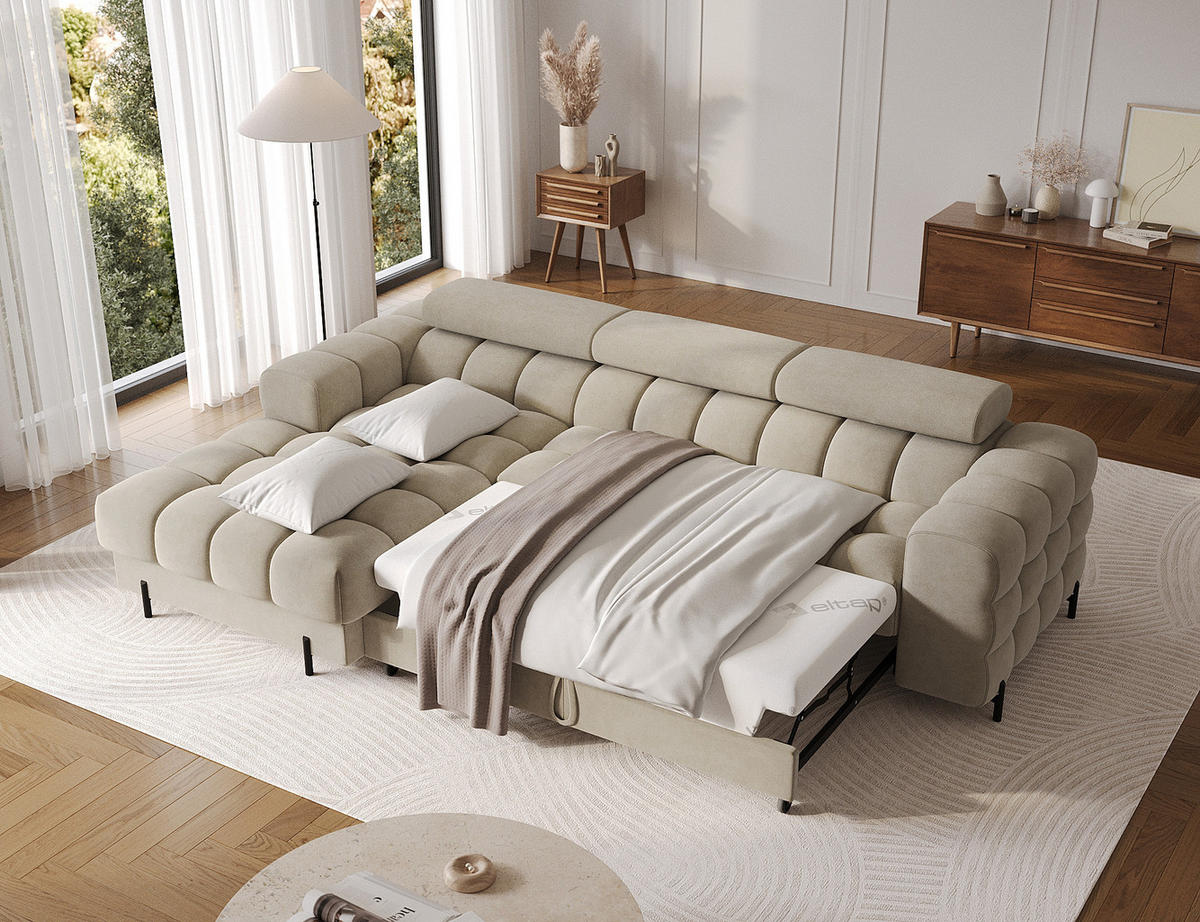 ECKSOFA FELRO mit Schlaffunktion, Bettkasten & verstellbaren Kopfstützen – Modernes Premium-Ecksofa in L-Form - Beige, Kunststoff (285/181cm) - Wohnideebilder
