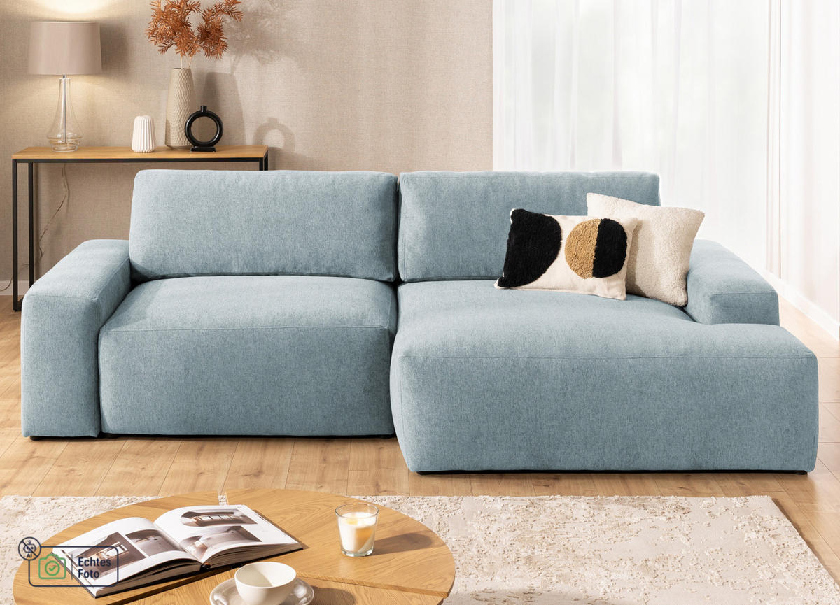 ECKSOFA Lennon aus Hellblau Strukturstoff mit Schlaffunktion und Bettkasten - Schwarz/Hellblau, Holz/Kunststoff (264/137cm) - S-Style