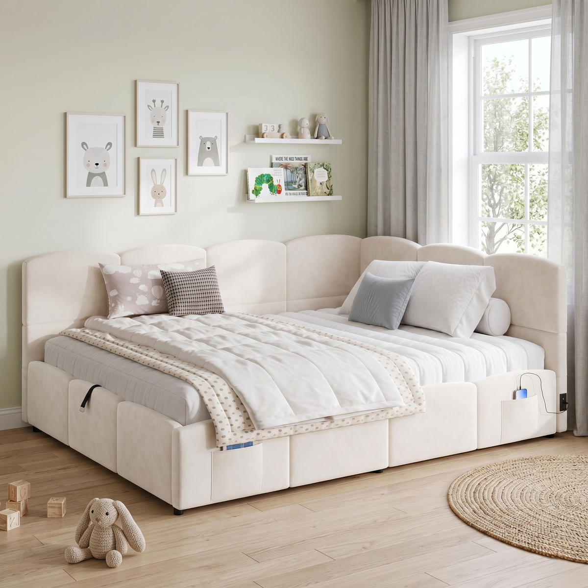 KINDERBETT Beige Samt 140x200 USB Stauraum Lattenrost - Beige, Textil (140/200cm) - FLIEKS