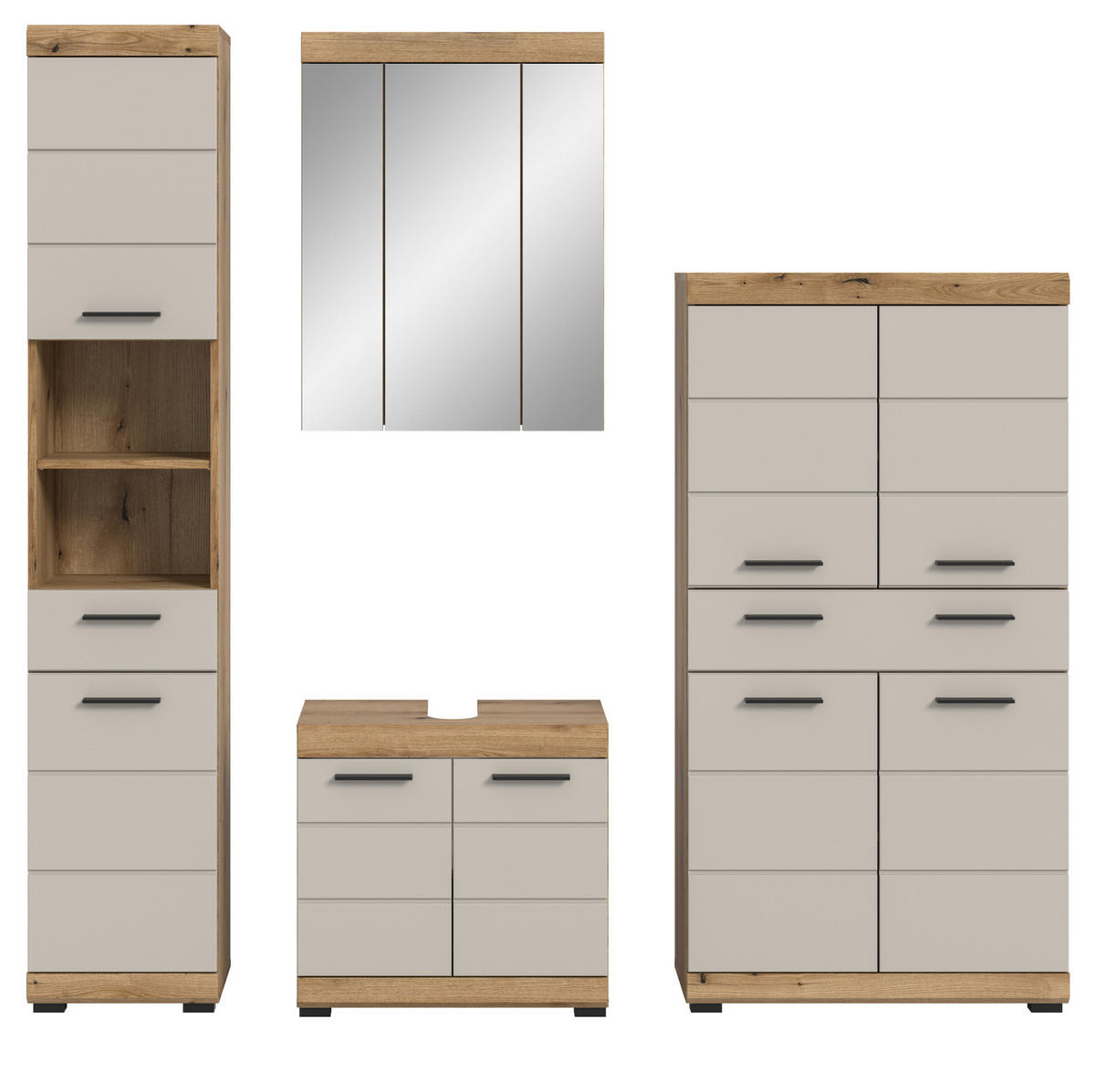 BADMÖBEL-SET Sand Kashmir, Evoke Eiche 4-teilig, Badkombination 201 cm - Kaschmir/Eichefarben, Glas/Holzwerkstoff (201/191/34cm) - Inn.Furn