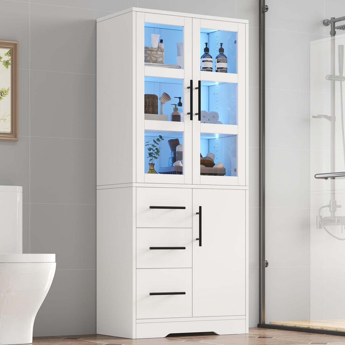 BADEZIMMERSCHRANK in Weiß Aufbewahrungsschrank mit Verstellbare Einlegeböden und App-gesteuertes LED, B72/T35/H170cm - Weiß, Glas/Holzwerkstoff (72/170/35cm) - STILVORA