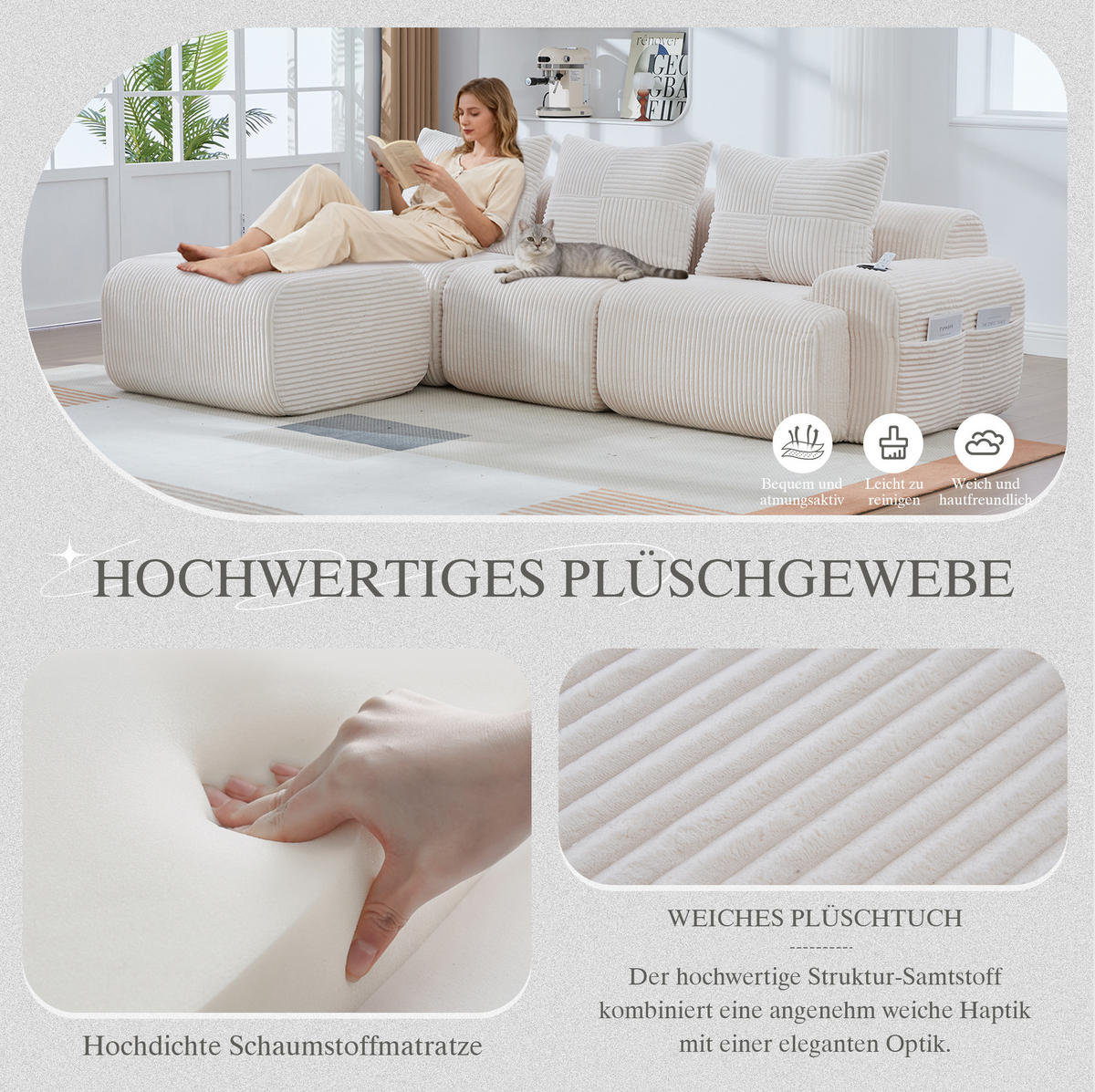 MODULARES 3-Sitzer Sofa Cordstoff mit Getränkehalter und Seitentasche 268/174/80 cm Beige - Beige, Textil (174/268cm) - Redom