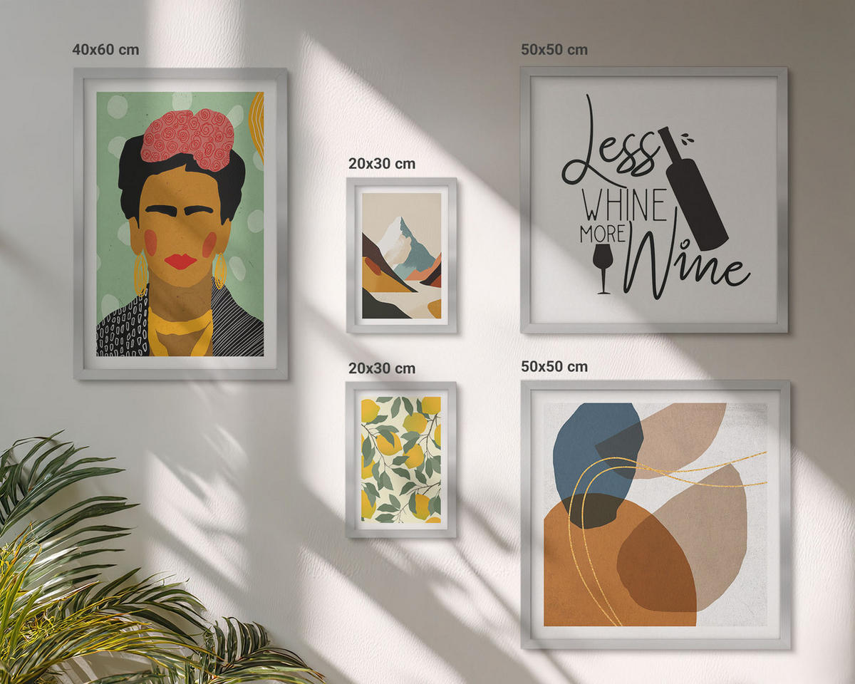 BILDER SET 5er Set - 50x50 cm & 20x30 cm & 40x60 cm Silberner Rahmen - Zitronenweinporträt von Frida - Silberfarben, Kunststoff (40/60cm) - TULUP