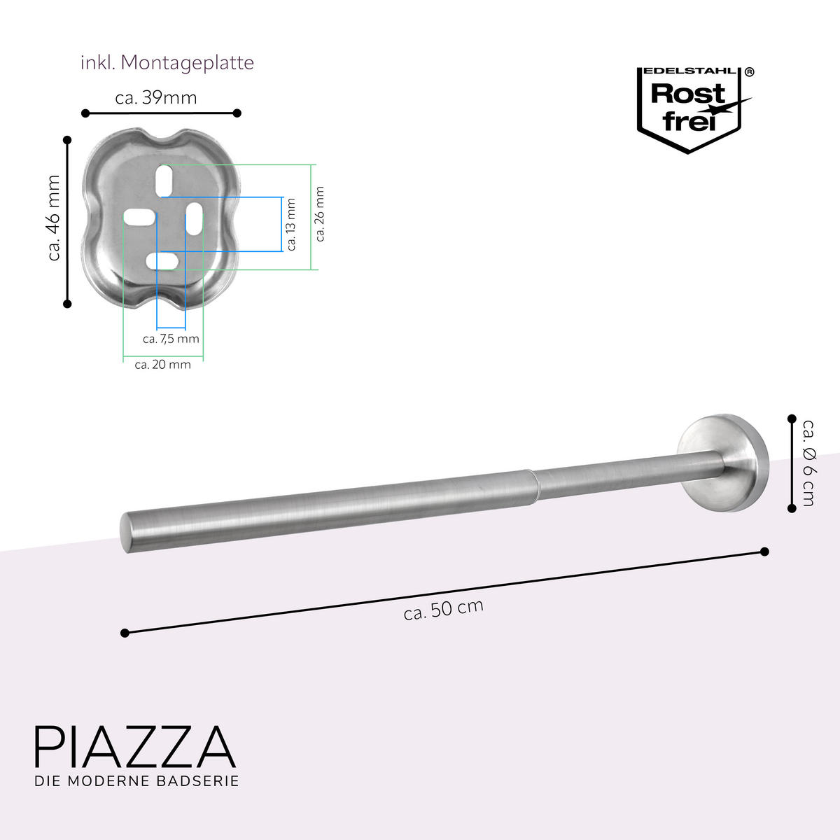 TELESKOPHANDTUCHSTANGE PIAZZA Edelstahl - Edelstahlfarben, Metall (6/6/50cm) - bremermann