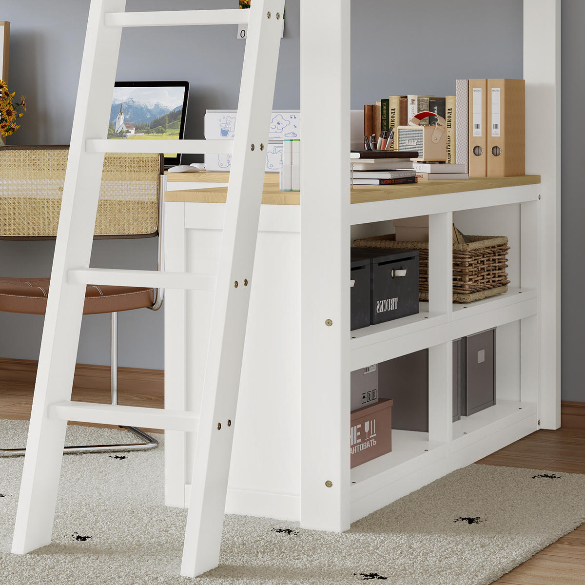 HOCHBETT 140/200 cm Weiß+Natur mit U-förmigem Langtisch und zwei Schubladen aus Kiefer und MDF - Weiß, Holzwerkstoff (140/200cm) - OKWISH