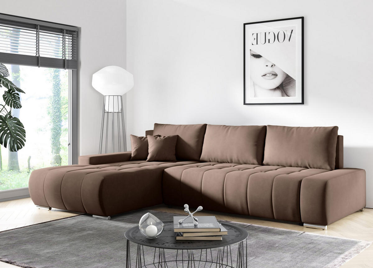 ECKSOFA mit Schlaffunktion Dhaka L, Braun - Dunkelbraun, Textil (185/265cm) - Fedve