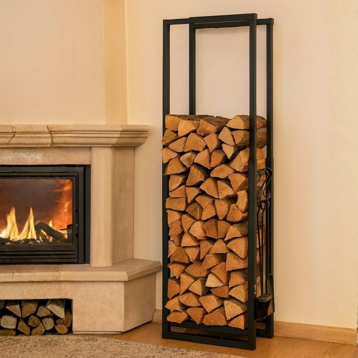 KAMINHOLZREGAL Phoenix verstellbar innen & außen 100-150x40-65x25cm 4 Kaminwerkzeugen Schwarz - Schwarz, Metall (65/150/25cm) - PROREGAL